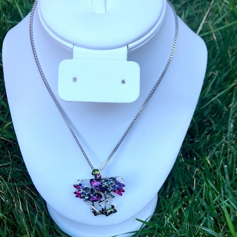 TWIN Swans Necklace, Enamel & Rhinestone, Silver Hardware